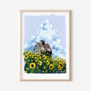 Sunflowers&Clouds- Gouache art print - Sunflower painting- Cloud illustration- Cloudscape art- Nature Art- Floral Painting - Housewarming