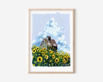 Sunflowers&Clouds- Gouache art print - Sunflower painting- Cloud illustration- Cloudscape art- Nature Art- Floral Painting - Housewarming