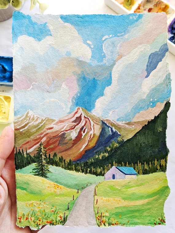 ゼラチンスカイグアッシュ絵画：風景画アートプリント、5x7 - Etsy 日本