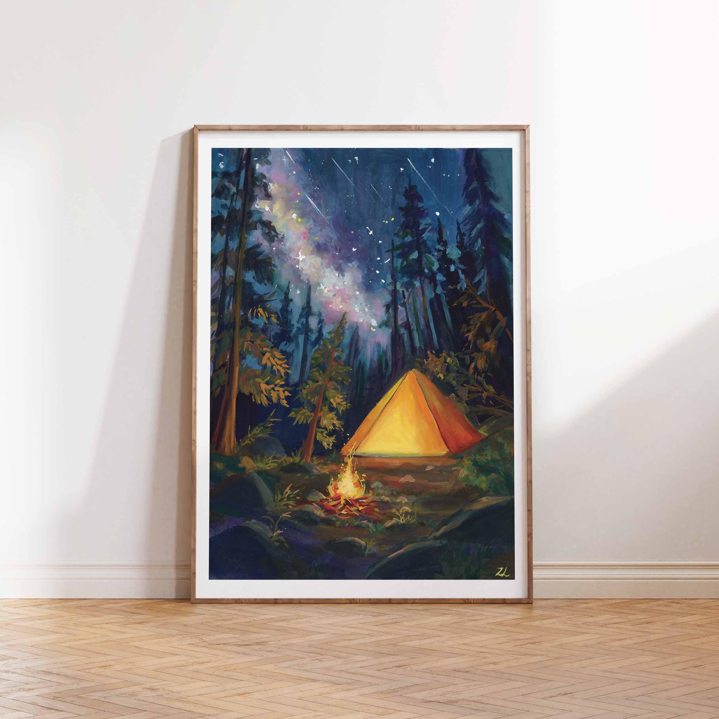 キャンプファイヤーのグアッシュ絵画プリント：居心地の良いキャンプ
