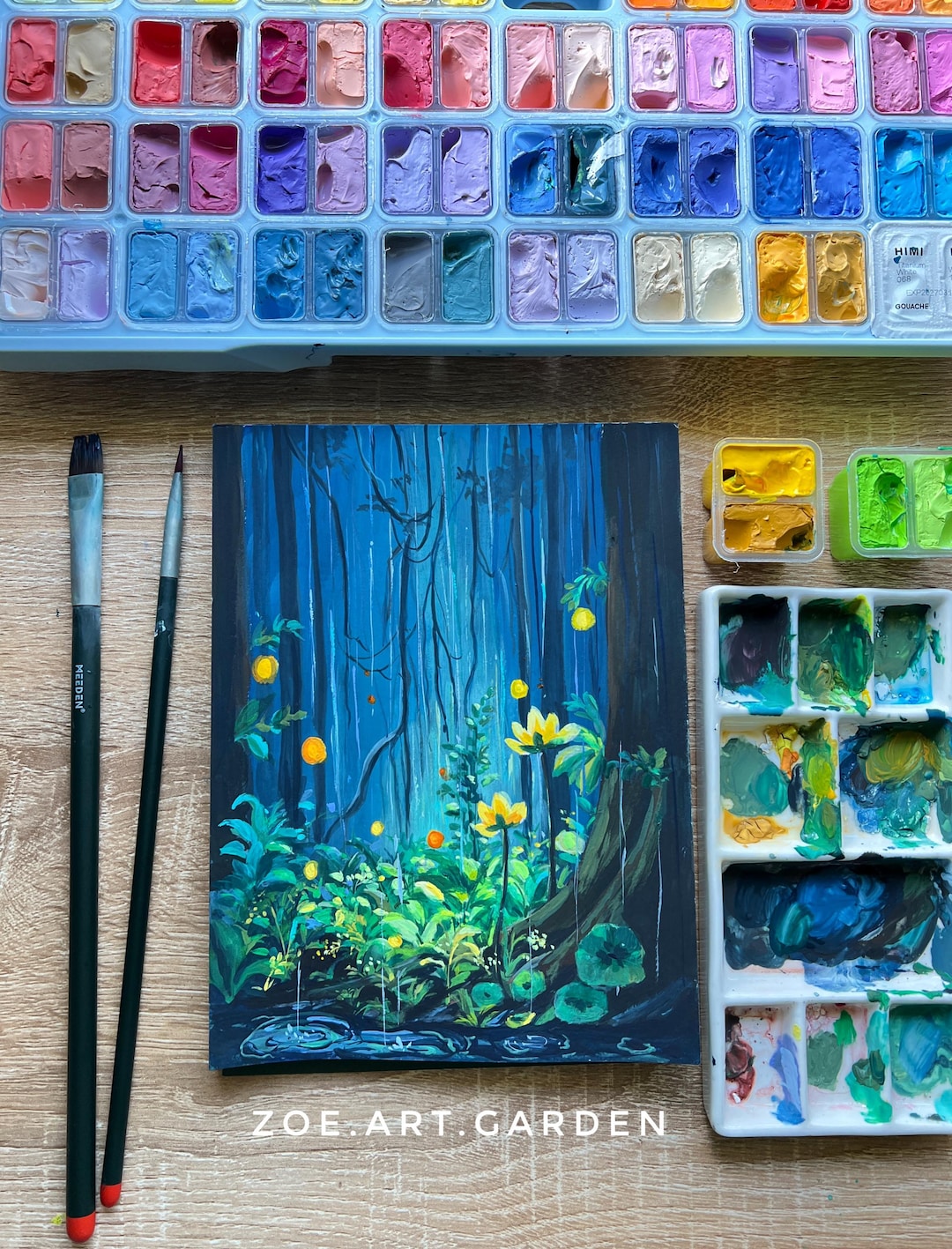 Original Gouache Painting Magical Forest Landscape Nature Art Whimsical