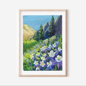 Frühling Colorado Landschaft - Akelei Gouache Malerei - Berg Kunstdruck - Natur Dekor - Waldweg Illustration - Wildblumen Wiese Kunst