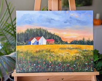 Original Art on Canvas- Flower Field on Sunset- Canvas art- Original painting- Mountain art- Nature art- Landscape painting- Woodland art