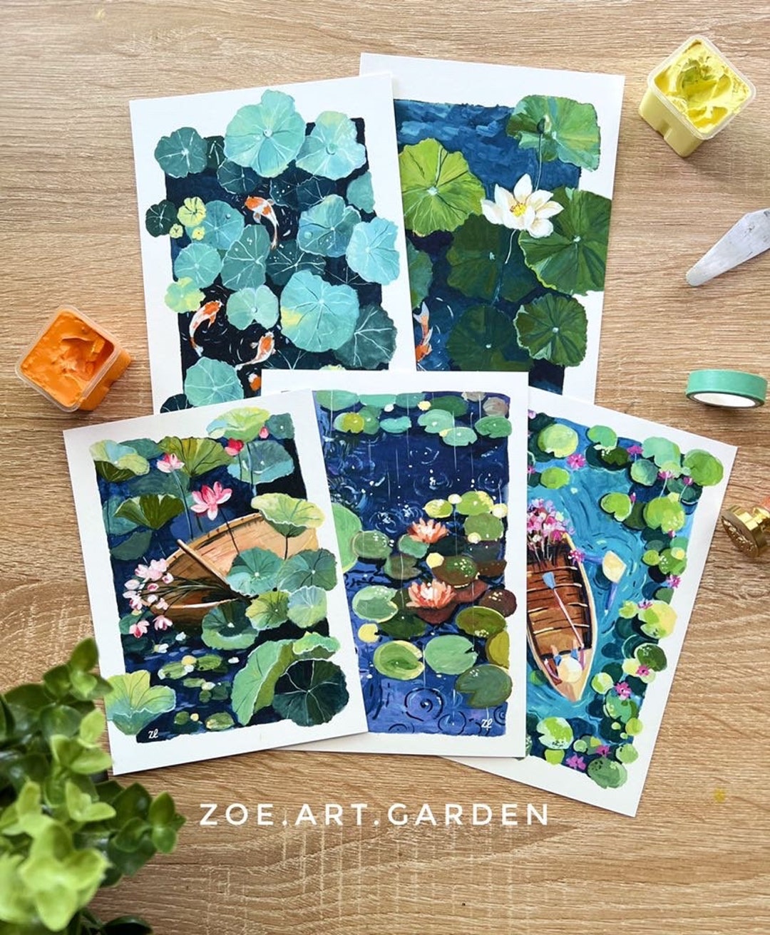 Lotus & Koi Fish Art Postcards: Whimsical Mini Gouache Prints - Etsy