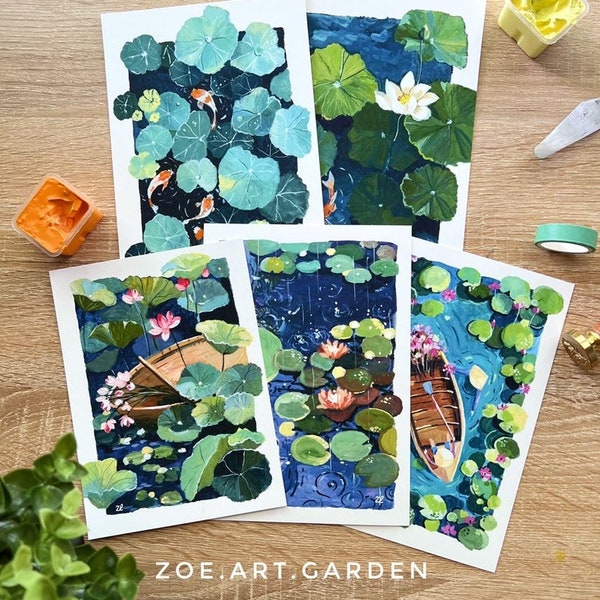 5x7 Zen Series Postcards - Lotus painting - Flowers Painting - Gouache art - Koi fish Art- 5x7 Small Prints- Mini art prints- Postcard art