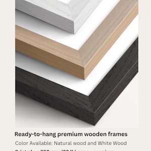 May include: Close-up of three wooden picture frames in white, natural wood, and black. The frames are ready to hang and made of wood. The text at the bottom says "Ready-to-hang premium wooden frames".
