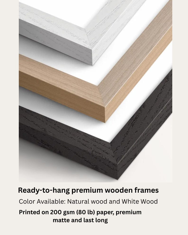 May include: Close-up of three wooden picture frames in white, natural wood, and black. The frames are ready to hang and made of wood. The text at the bottom says "Ready-to-hang premium wooden frames".