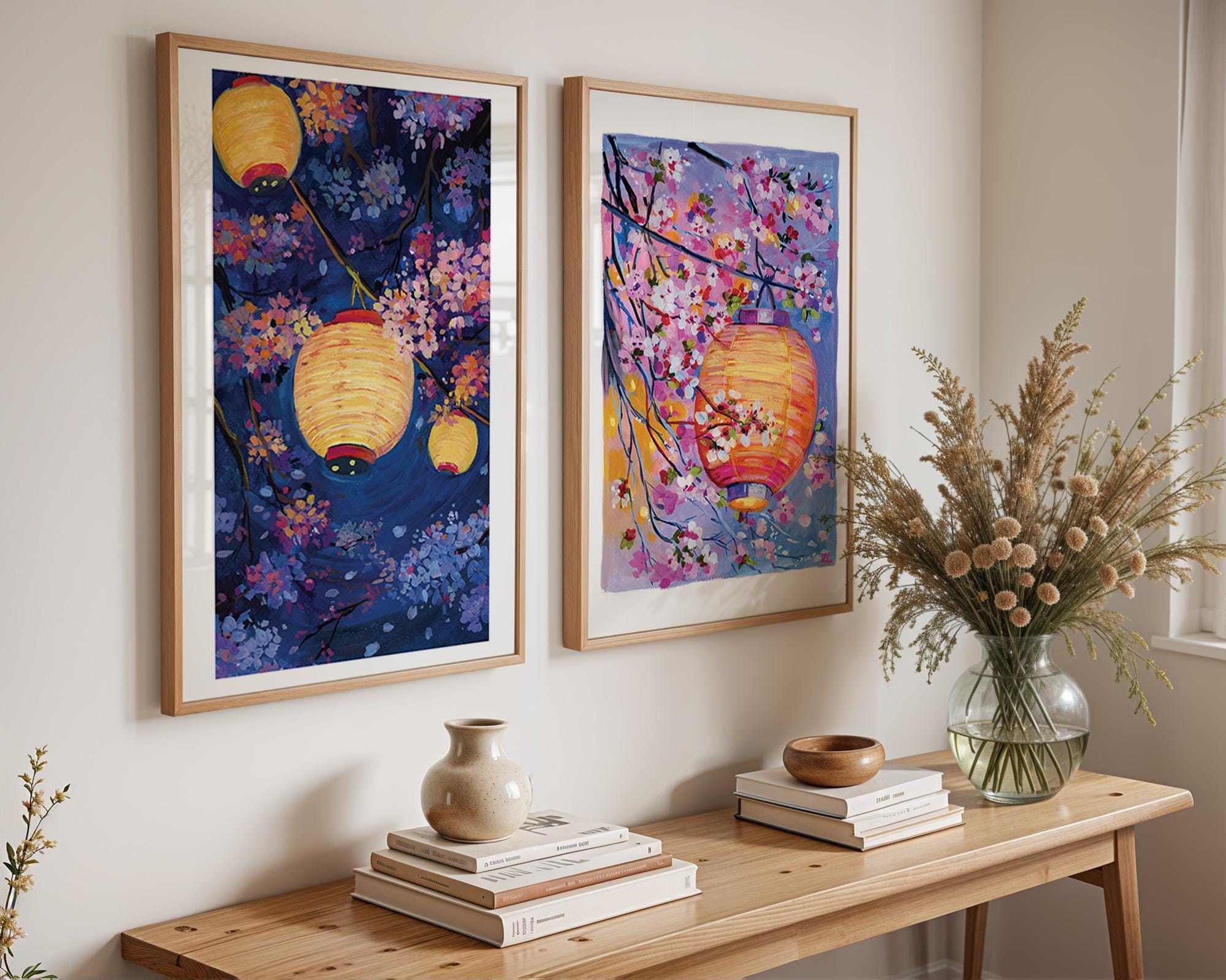 Cherry Blossom Lantern Art Print: Whimsical Gouache Painting - Etsy
