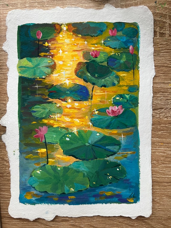 オリジナルグアッシュ睡蓮絵画：夕焼けの池のアート（5 x 7インチ
