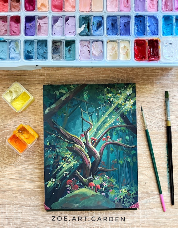 オリジナルグアッシュ絵画：魔法の森の風景画（6 x 8インチ） - Etsy 日本