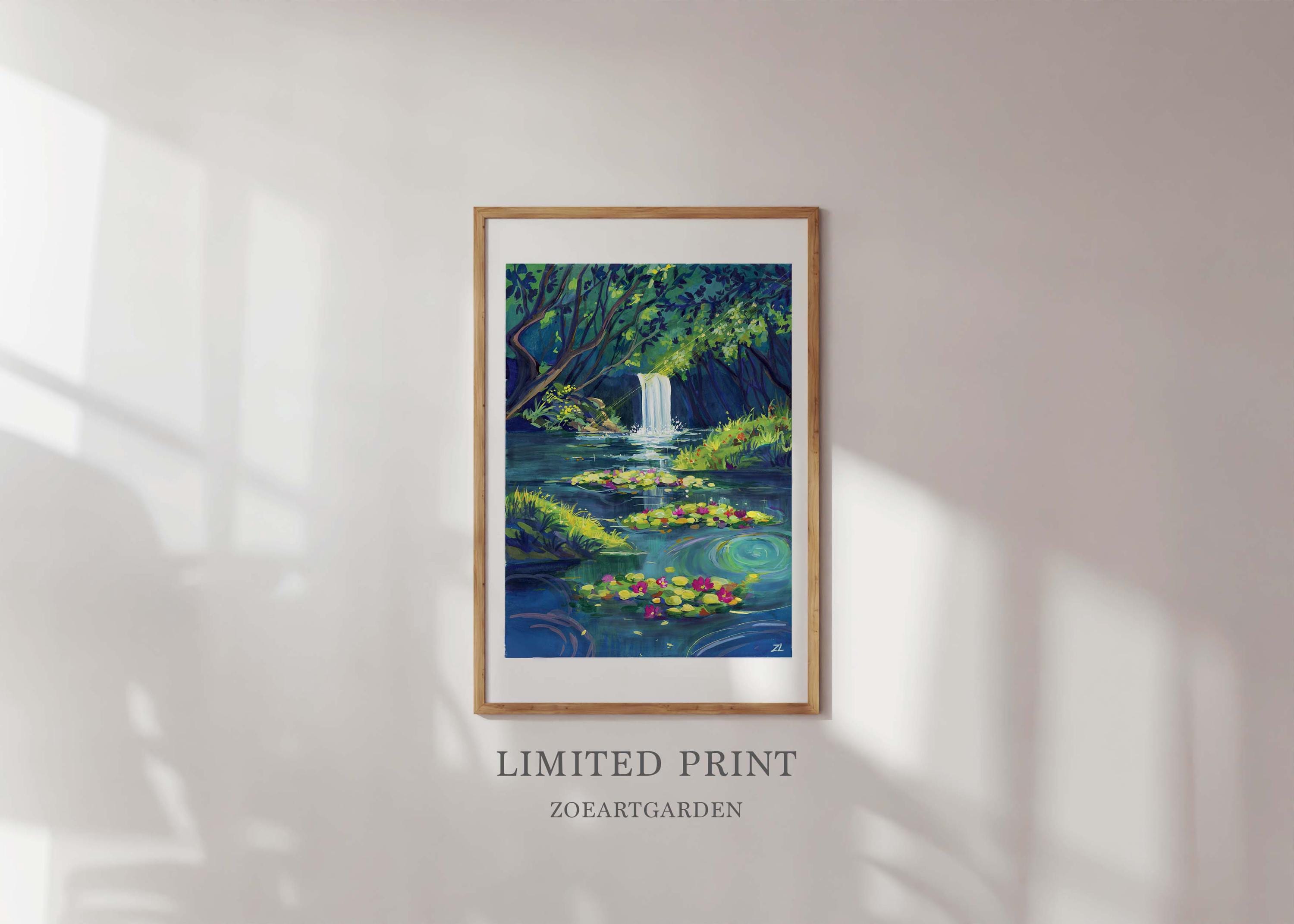 オリジナルガッシュ絵画：魔法の森の滝の風景画（6×8インチ） - Etsy 日本