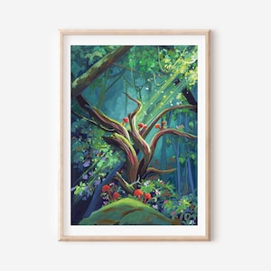 Arte de roble misterioso - Pintura de bosque fantástico - Arte de bosque oscuro - Ilustración de árbol encantado - Pintura gouache de bosque caprichoso