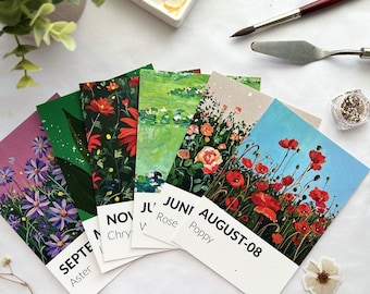 Birth Flower Card Postcard, Gouache Mini Art Prints