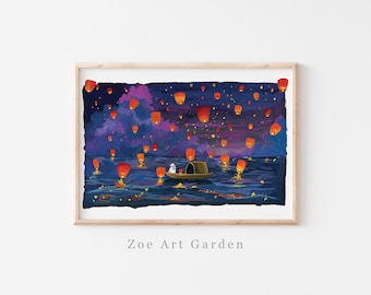 魔法の夜のランタンフェスティバルの絵画 - 星空と水に浮かぶランタン