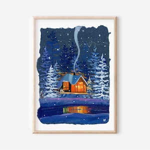 Cozy Winter Cabin Art Print: Christmas Snow Scene