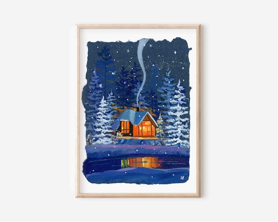居心地の良い冬の小屋のアートプリント：クリスマスの雪景色 - Etsy 日本