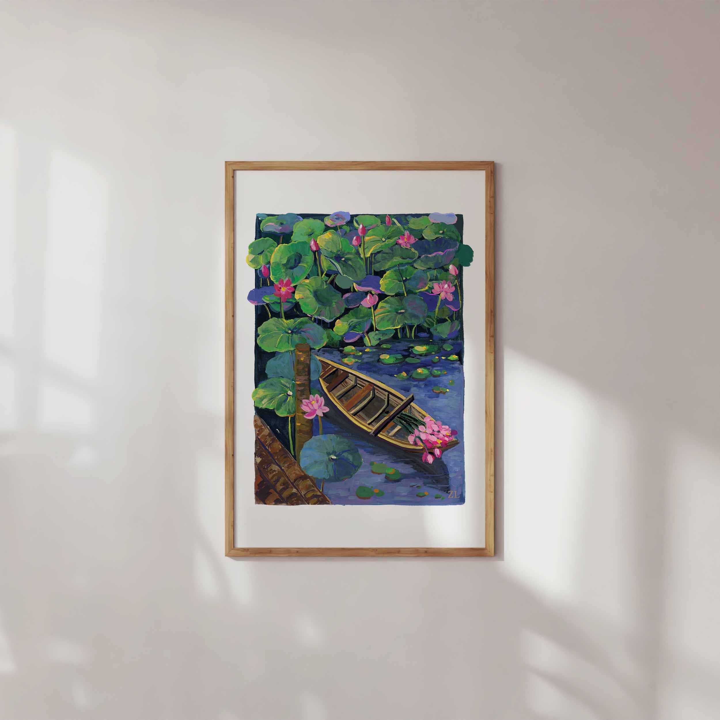 蓮の壁掛けアートプリント • 植物装飾のための穏やかなガッシュ絵画