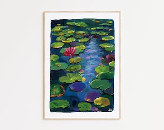 Waterlily Pond Gouache Painting Print: Tranquil Floral Wall Art