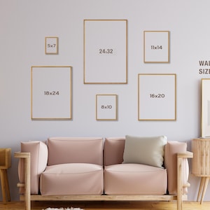 May include: A wall art size guide displays framed art in various sizes: 5x7, 8x10, 11x14, 16x20, 18x24, and 24x32 inches. The frames have a gold finish. The text "WALL ART SIZE GUIDE" is visible on the right side of the image.