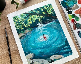 オリジナルグアッシュ絵画：青い池の夏の風景、8x10の自然アート