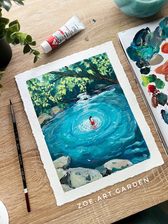 オリジナルグアッシュ絵画：青い池の夏の風景、8x10の自然アート