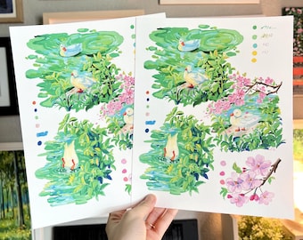 Lámina artística de patos con una escena caprichosa y floral.