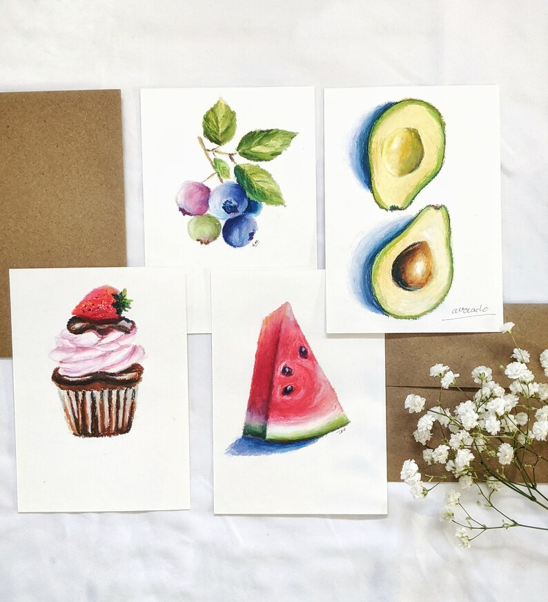 Hand made Cards Kraft envelope included Original Hand painted Postcards 100/% hand painted Fruits Postcards