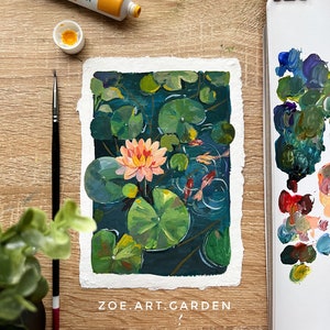 Lotus Pond Gouache Painting: Original Floral Nature Art (5x7 in)