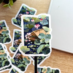 White border Sticker- Flower Boat- Lotus Sticker - Illustration Flower - Gouache art- Small sticker- Waterproof Sticker