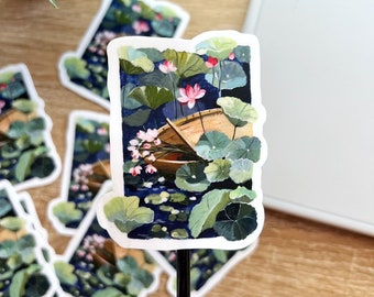 White border Sticker- Flower Boat- Lotus Sticker - Illustration Flower - Gouache art- Small sticker- Waterproof Sticker