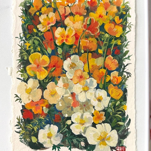 Golden Poppy Art: Original-Gouache-Gemälde auf handgeschöpftem Papier