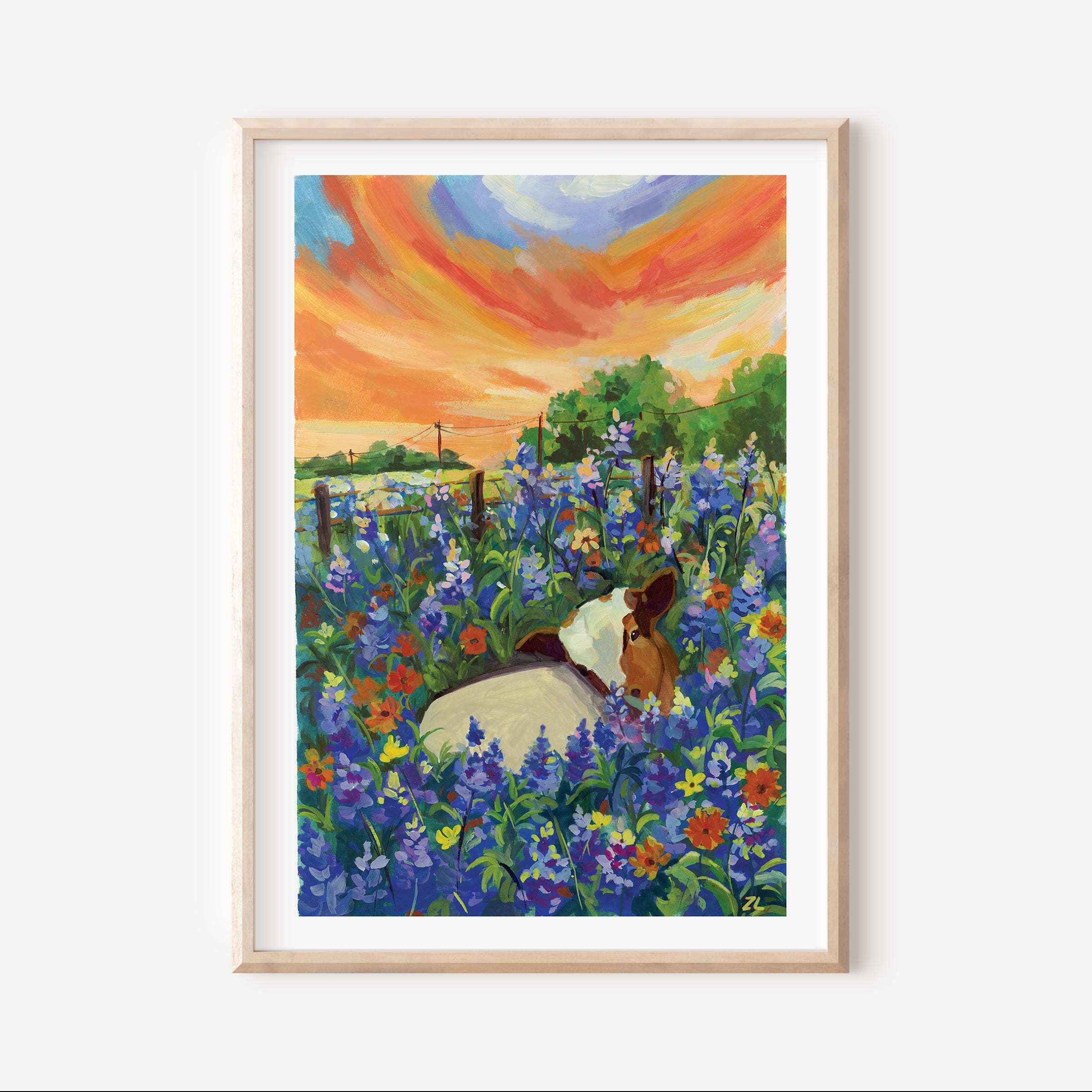 野花の草原の牛のアートプリント：グアッシュの田園風景画 - Etsy 日本