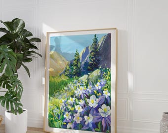 春のコロラド風景 - コロンバイン グアッシュ画 - 山のアート