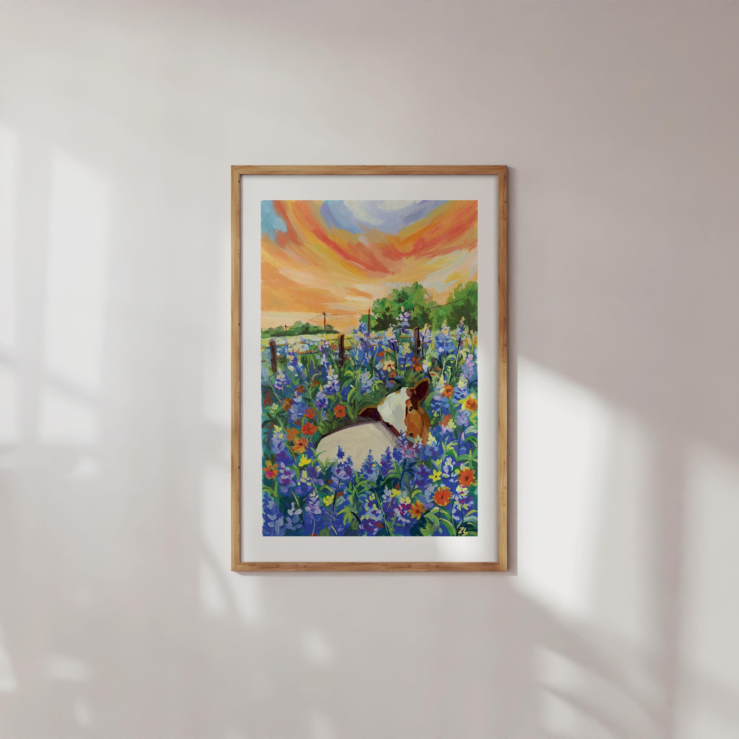 野花の草原の牛のアートプリント：グアッシュの田園風景画 - Etsy 日本