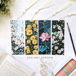 Flowers Bookmarks- Floral bookmark- Set of four- Bookmark Art- Gift for reader- Flowers Bookmarks with tassels- Botanical art- Bookmark set