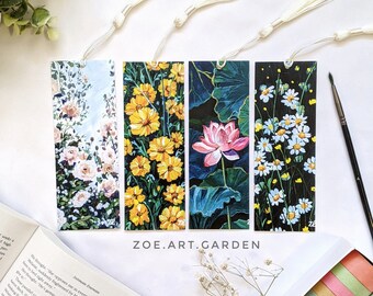 Flowers Bookmarks- Floral bookmark- Set of four- Bookmark Art- Gift for reader- Flowers Bookmarks with tassels- Botanical art- Bookmark set