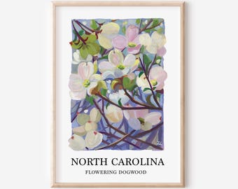 Estampado de flor de cornejo, arte en gouache del estado de Carolina del Norte