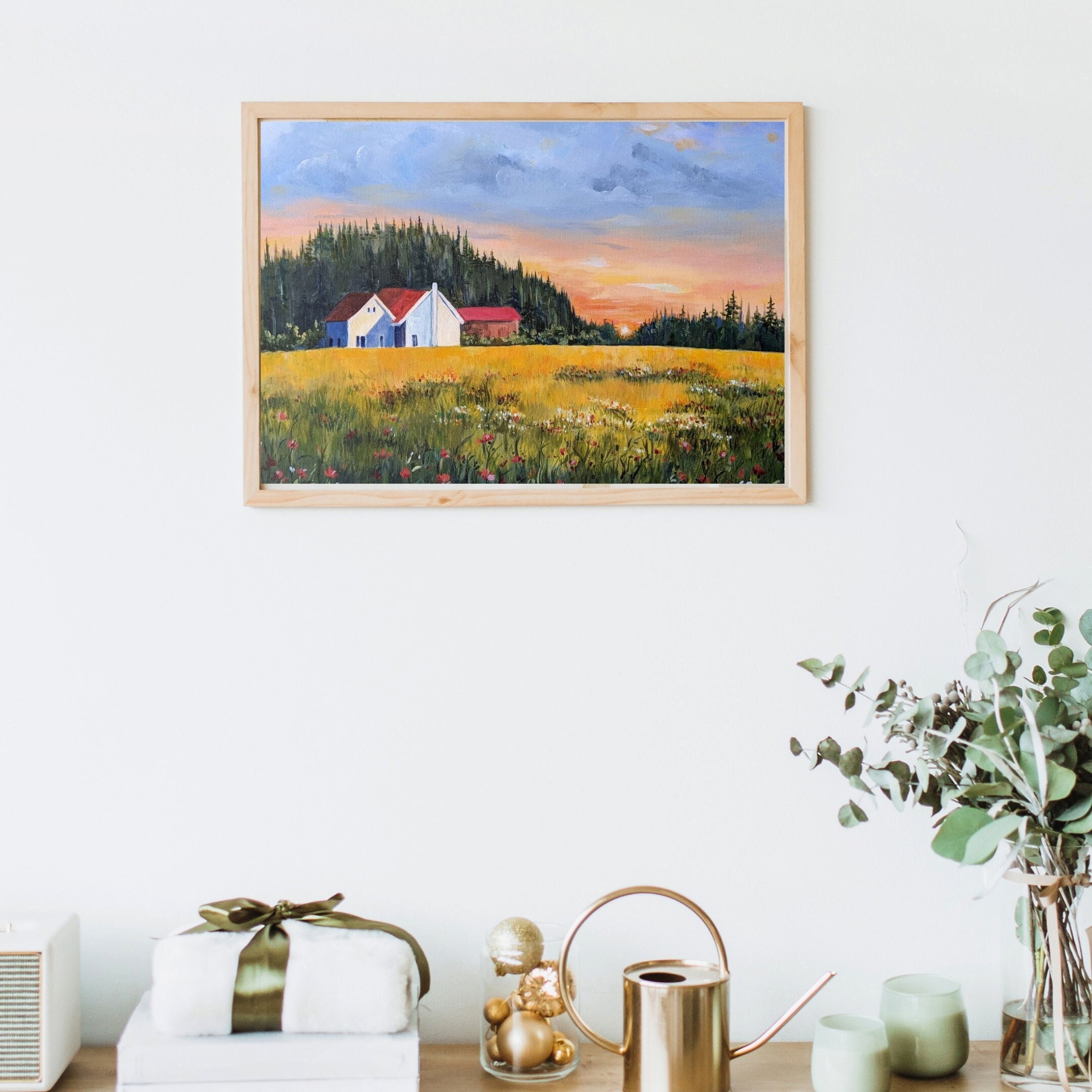 Original Sunset Flower Field Painting: Cottagecore Landscape Art