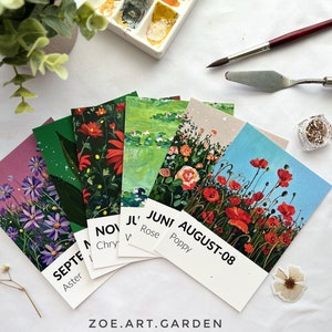 Birth Flower Postcards- Postcard set - Flower painting - Flower Postcard Set- 4x6" Small-  Gouache painting- Mini art prints- Small wall art