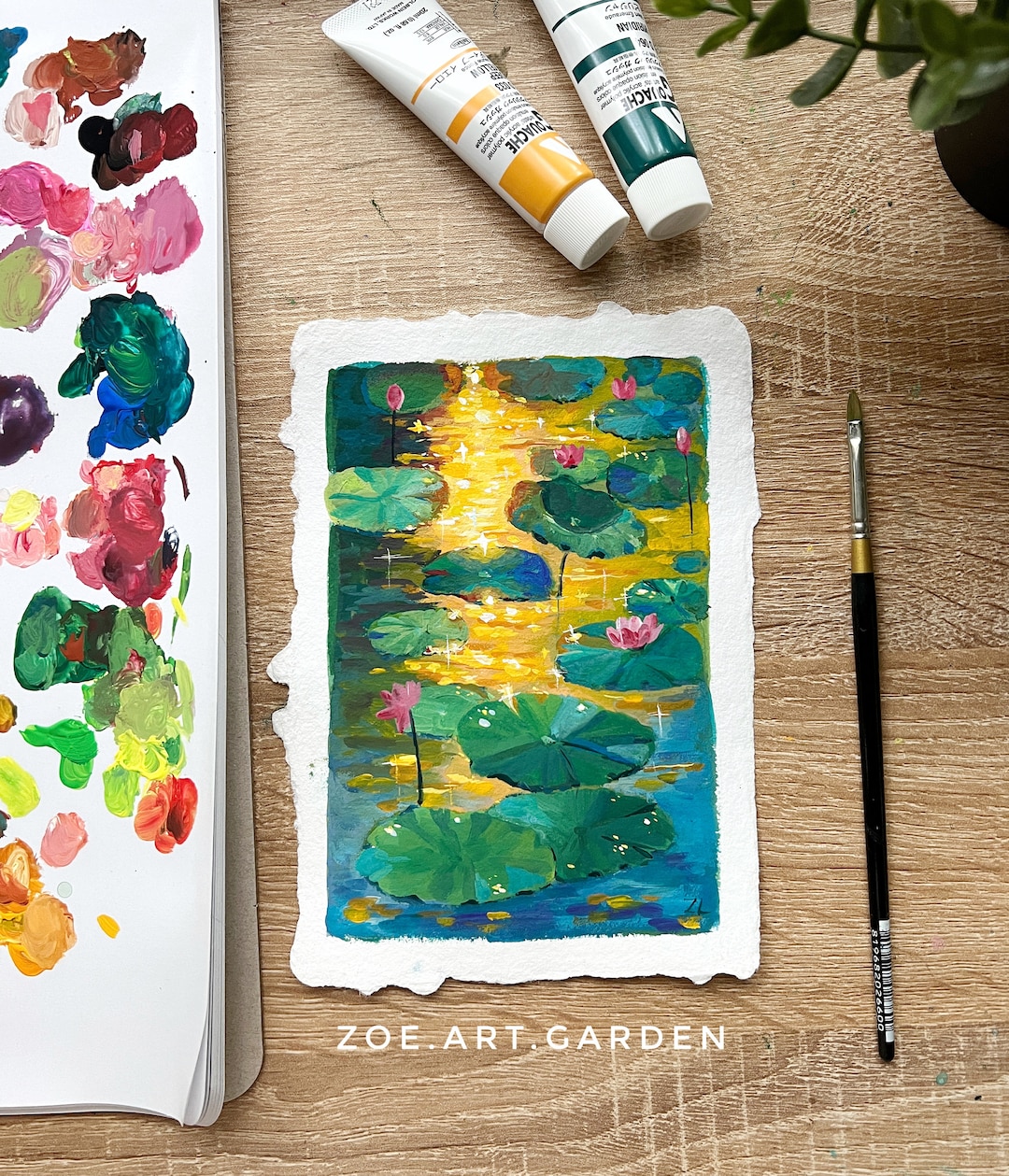 オリジナルグアッシュ睡蓮絵画：夕焼けの池のアート（5 x 7インチ