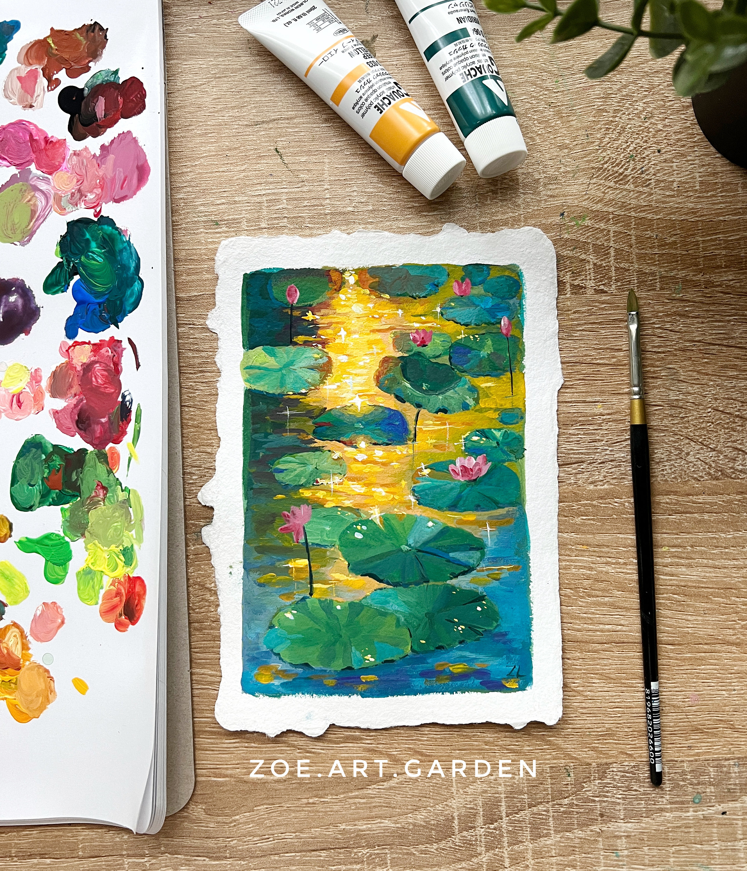 オリジナルグアッシュ睡蓮絵画：夕焼けの池のアート（5 x 7インチ