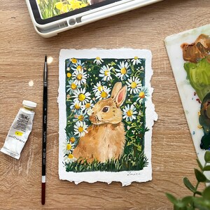 Original Gouache painting Bunny and Daisy Animal Art Bunny painting Cute animal painting Nature Art Housewarming image 1