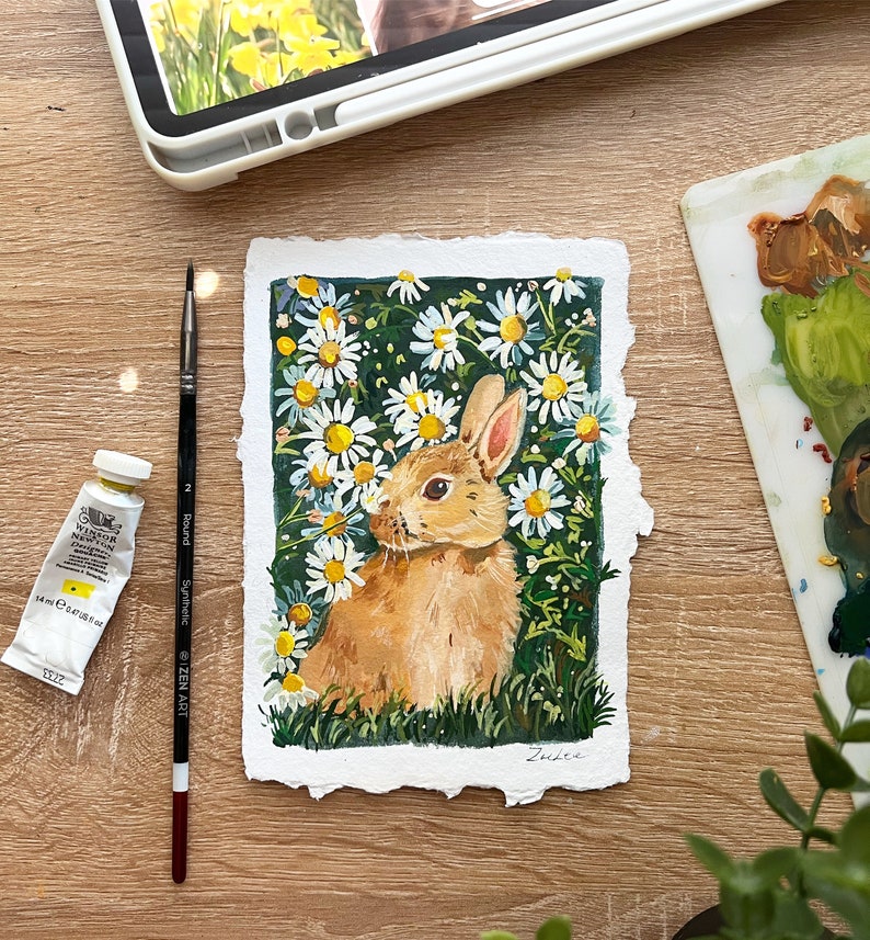 Original Gouache painting Bunny and Daisy Animal Art Bunny painting Cute animal painting Nature Art Housewarming image 1