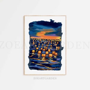 Floating Lanterns Gouache Art Print: Seascape Light Art