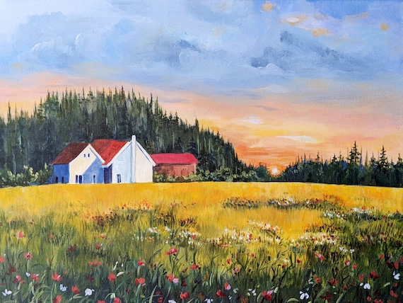 Original Sunset Flower Field Painting: Cottagecore Landscape Art
