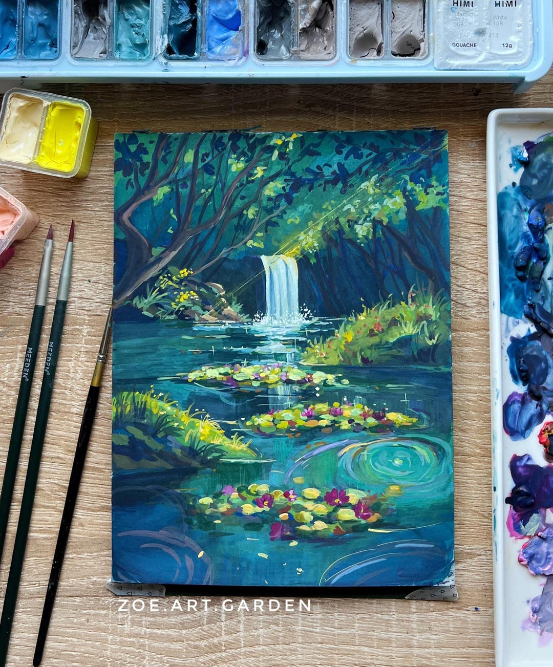 オリジナルガッシュ絵画：魔法の森の滝の風景画（6×8インチ） - Etsy 日本