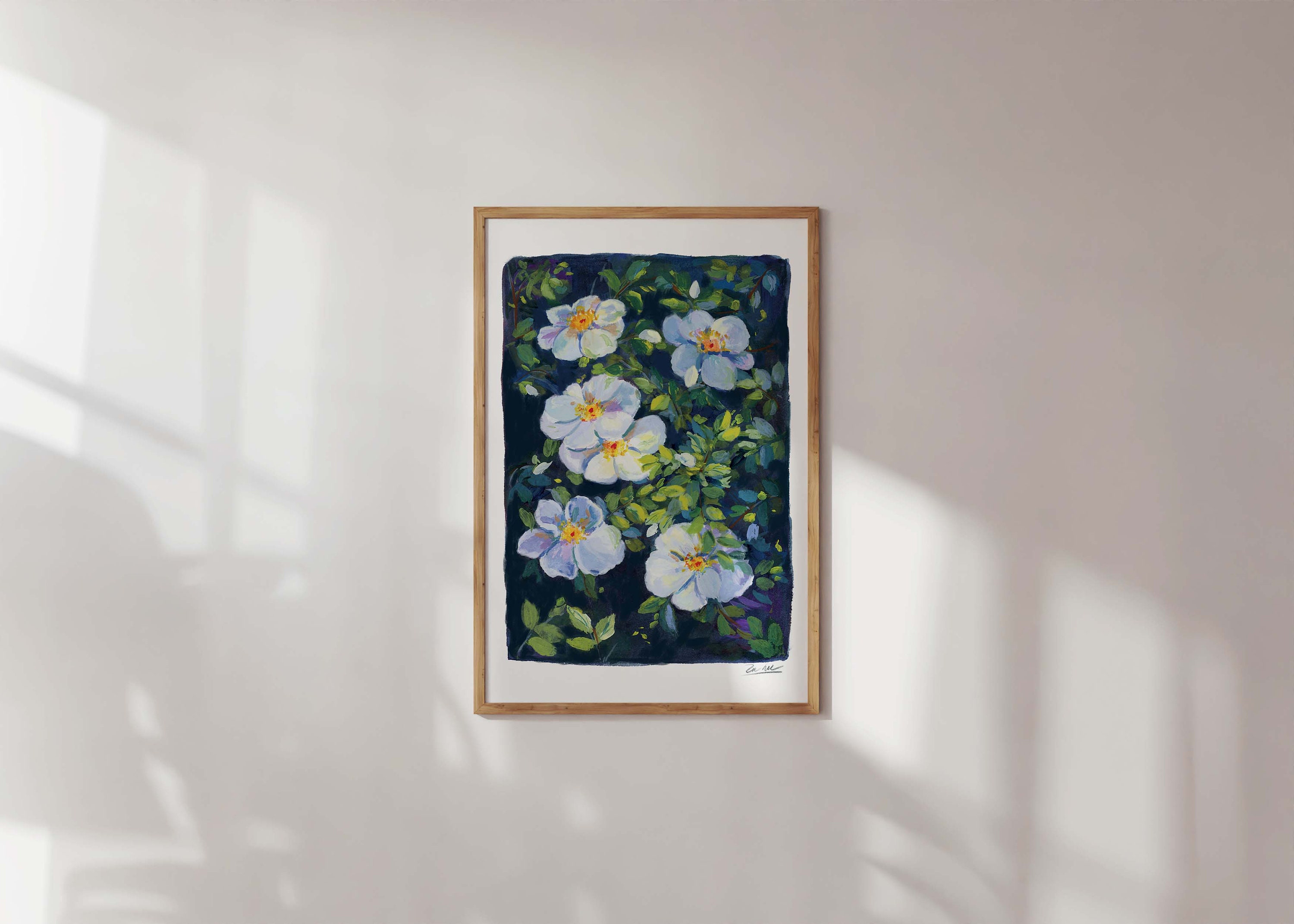 チェロキーローズプリント：白い花のウォールアート、花柄の自然装飾