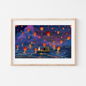Lantern Sky Art Print – Gouache Night Seascape – Dreamy Rabbit and Lantern Painting – Whimsical Wall Decor- Unique Art Gift- Asian Aesthetic
