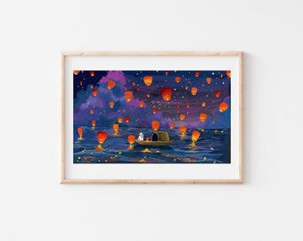 Light up the sky- Gouache art print - Lanterns painting- Night sky illustration- Seascape art- Light Art- Floral Painting - Housewarming