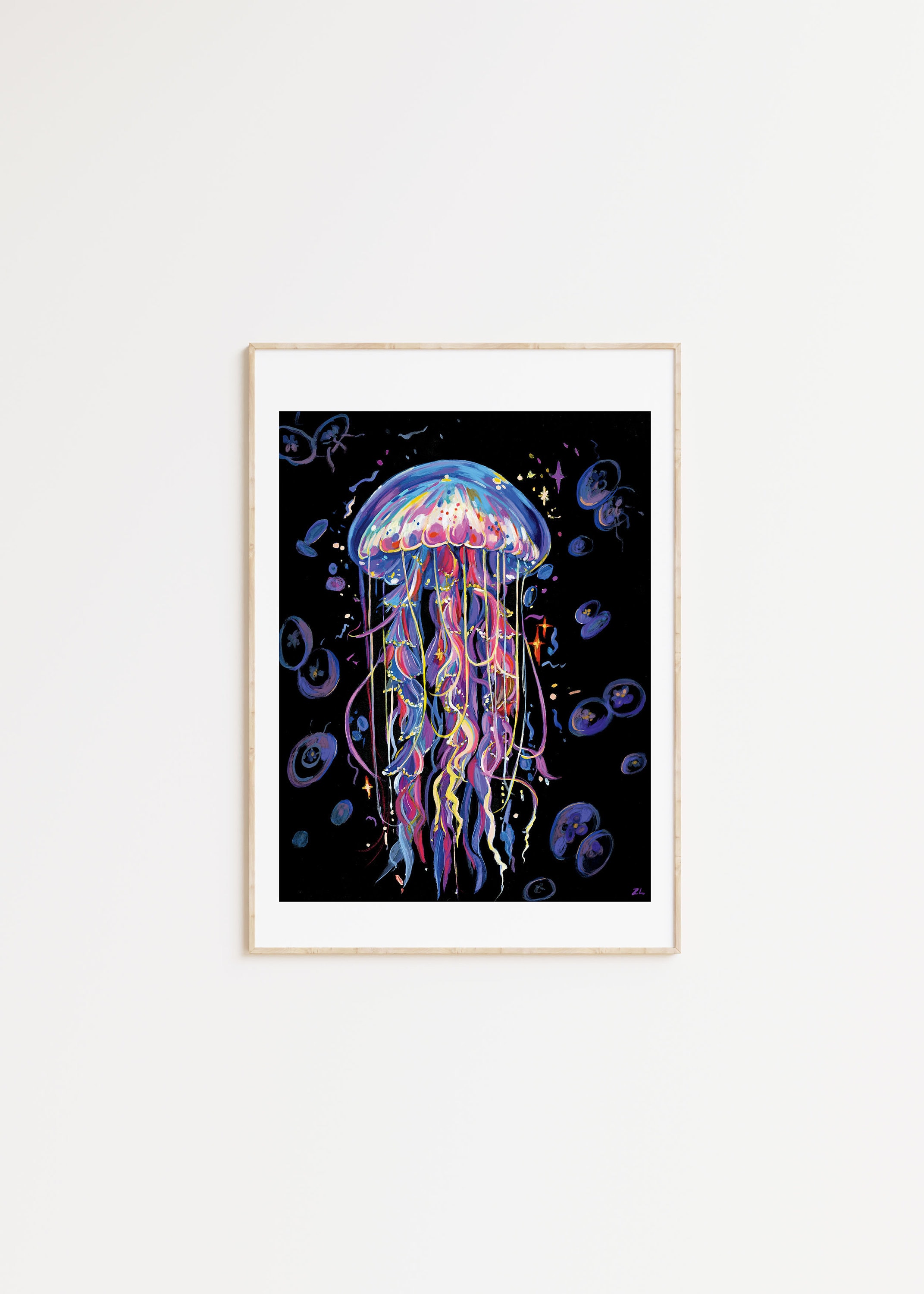 幻想的なクラゲの海景画：グアッシュアートプリント - Etsy 日本